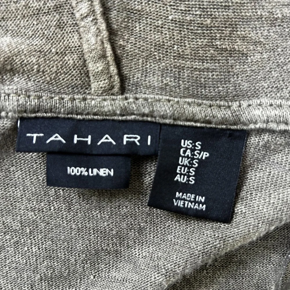 Tahari Open-Front Hooded Cardigan Sweater Small 100% Slub Linen Olive Green